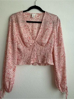 H&M Pink Floral V-Neck Smocked Waist Blouse thumbnail 1