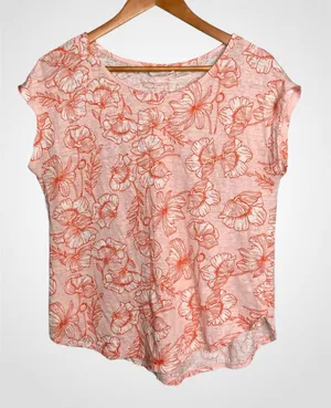 Cynthia Rowley Orange & White Linen Floral Scoop Neck Top Large thumbnail 1