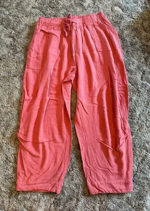 TARSE Coral Pink Linen Rayon Blend Wide Leg Drawstring Pants Resort Wear thumbnail 1