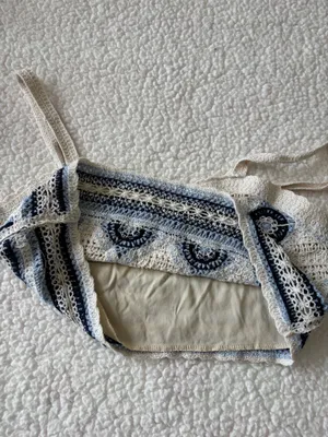 Rebellion Boho Y2K Geometric Crochet Crop Tank Cami Top Blue Cream Size Small thumbnail 8
