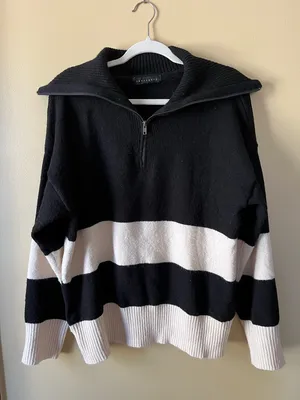 Sanctuary Black & White Striped Zip Pullover Sweater thumbnail 1