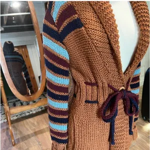 Vintage X-RATED Handknit Statement Cardigan Striped Sleeves Belted M thumbnail 4