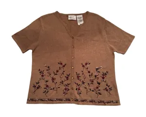 Kathie Lee Collection Tan Floral Embroidered Short Sleeve Cardigan Sweater Small thumbnail 1