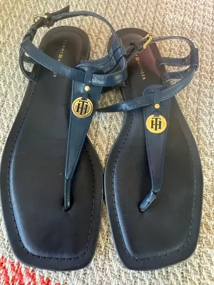 Tommy Hilfiger Navy Leather T-Strap Sandals with Gold Emblem thumbnail 1