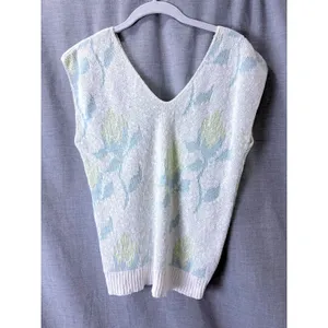 Vintage‎ Sweater Vest White Floral Pastel Knit V-Neck Cotton G.F.C. Ltd Size M thumbnail 4