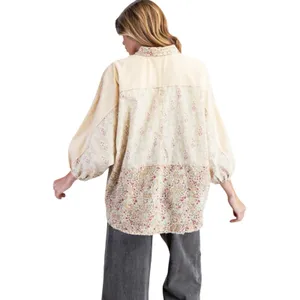 NWT EASEL Women’s Boho Mixed Floral Print Patchwork Button Up Shirt thumbnail 3