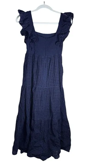 En Saison Tiered Eyelet Ruffle Sleeve Nap Midi Dress Sz XS Navy thumbnail 1