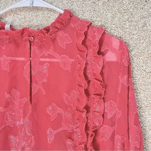 Leith floral blouse sheer ruffle pleated front keyhole‎ back coquette FLAWS thumbnail 5