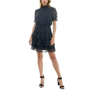 NWT Crystal Doll Short Sleeve Fit Flare Dress Navy Blue / White S thumbnail 3