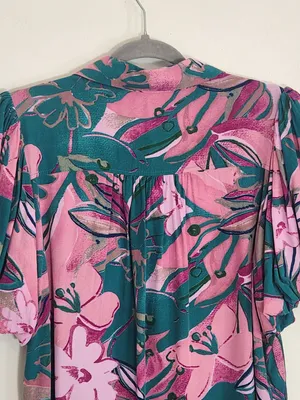 Entro Pink and Teal Green Tropical Print Puffy Sleeve Blouse Size Large thumbnail 4