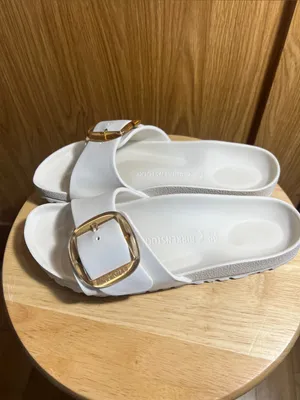 Birkenstock White Slide Sandals with Gold Buckle thumbnail 2