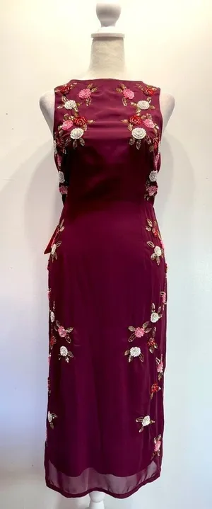 Burgundy Sleeveless Midi Dress Sequined Flowers Open Back Party Elegant Wedding thumbnail 1
