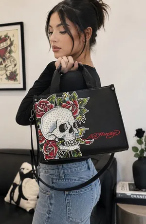 Ed‎ Hardy Y2K Skull Rose Tote Bag NWT Black Vegan Leather Rhinestone Crossbody thumbnail 1