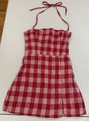Reformation Halter Plaid Mini Dress 4 Red 100% Linen Festival Travel Vacation thumbnail 1