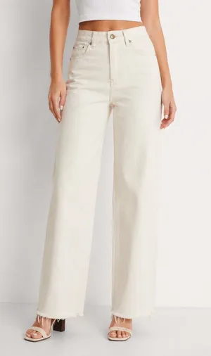 Zara Cream Wide Leg Jeans Size 4 High Rise Raw Hem Minimalist Denim thumbnail 1