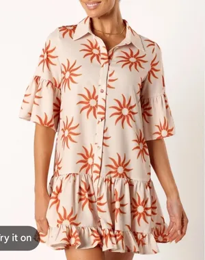 Petal & Pup Ren Soleil Sun Print Mini Dress Ruffle Bell Sleeve Cream Orange Med. thumbnail 1