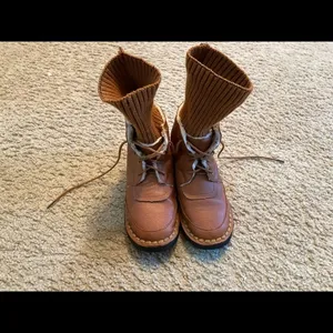 Tan Faux Leather Lace Up Ankle Boots with Ribbed Knit Sock‎ Cuff size 5 Lining thumbnail 8