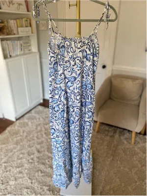 Zara Paisley Linen Smocked Boho Maxi Dress XS Coastal Nautical Breezy Italy Chic thumbnail 3