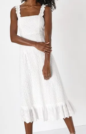 Lulu's Sincere Sweetheart White Cream Eyelet Lace Ruffled Midi Dress Size Medium thumbnail 1