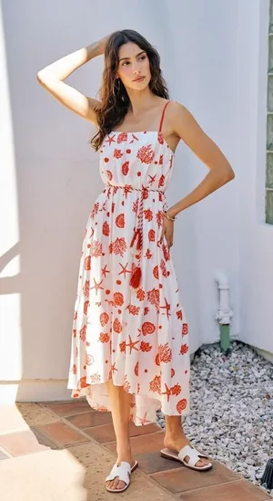 SO ME Shell Print Tiered Lined Midi Cami‎ Dress With Belt - Medium thumbnail 1