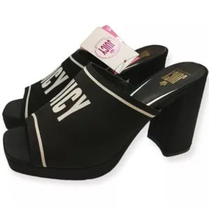 NWT Juicy Couture J-Girly Black White Logo Block Heel Mules Y2K Size 9.5 thumbnail 3
