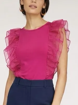 NEW Celebrity Hot Pink Ruffle Flutter Sleeve Top Fuchsia Organza LARGE thumbnail 1