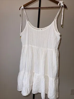 Aerie Magic Hour White Gold Striped Tie-Shoulder Cotton Swim Coverup Dress sz M thumbnail 2