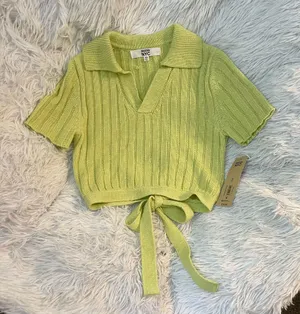 Cute Lime green Ribbed knit collar bow tie crop top thumbnail 1