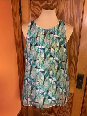 Vince Camuto Geometric Sleeveless Tunic Blouse Medium Blue Green Abstract Top thumbnail 8