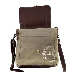 Myra Bag Sage Green Canvas and Brown Leather Messenger Tote Crossbody Bag thumbnail 5