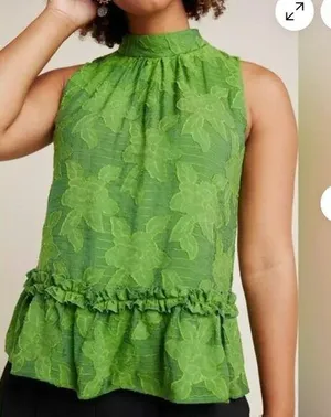 ANTHROPOLOGIE (Maeve) Savannah Peplum Textured Floral Blouse, Green, Size 4 thumbnail 1