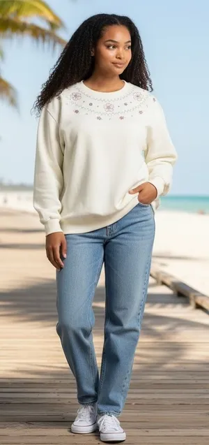 Alfred Dunner Woman 2X Cream Floral Embroidered‎ Sequin Fleece Sweatshirt Top thumbnail 1