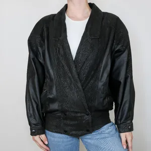 Vintage 70s Weiss Furs Black Leather Snakeskin Bomber Jacket thumbnail 2