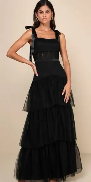 LULUS NWT Mystique Black Tulle Tie-Strap Tiered Maxi Dress Formal XXS thumbnail 1