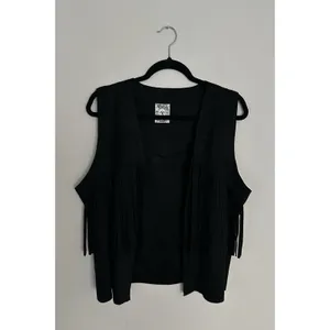Vocal Women’s Black Sleeveless Fringe Rhinestone Skull Open Front Vest SZ XL EUC thumbnail 2