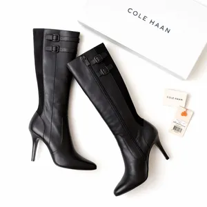 Cole Haan Poppy Bit Tall Black Leather Heeled Boots Size 6B NIB Classic Luxe NEW thumbnail 10