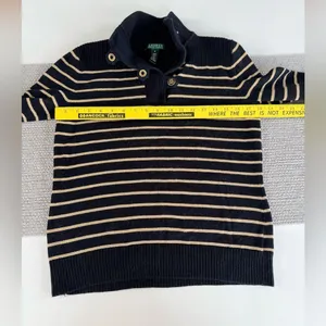 Lauren Ralph Lauren Black Gold Striped Mockneck Cotton Sweater Metallic Medium thumbnail 7