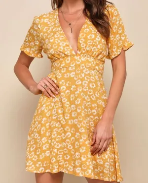 LULUS Women’s Garden Explorer Mustard Yellow Floral Print Mini Dress Size XXS thumbnail 1