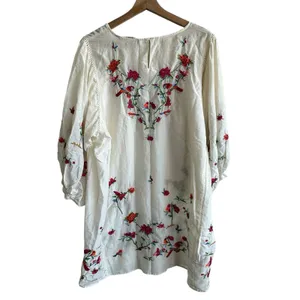Zara Collection Dress Sz L Cotton Silk Blend Puff Sleeve Floral Embroidered thumbnail 3