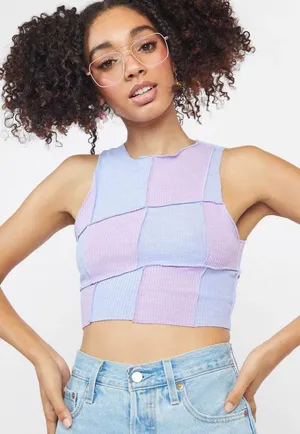 Checkered Colorblock Raw Edge Crop Top thumbnail 1