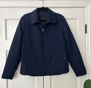 Talbots Navy Quilted Lightweight Puffer Jacket Size Large Ribbed Sides‎ Full Zip thumbnail 1