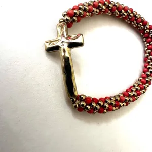 Gold tone and orange beaded stretchy cross bracelet thumbnail 7