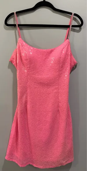 Alyce Paris Sequin Detail Corset Lace-Up Back Rhinestone Studded Straps Mini Dress Bright Pink thumbnail 3