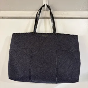 Tory Burch Block T Felt Tote Shoulder Bag Carry On Work Travel Blue Gray Logo thumbnail 1