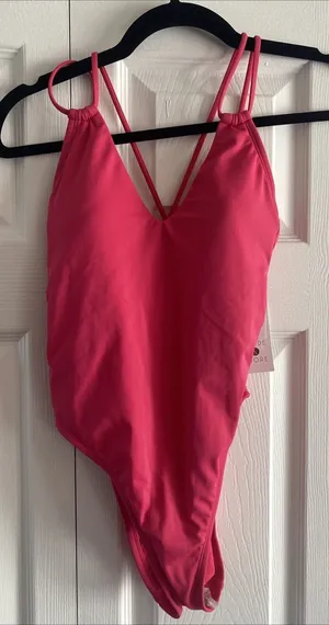 Shade & Shore One Piece Swimsuit Womens Size XS Pink Strappy High Leg Ribbed NEW thumbnail 1