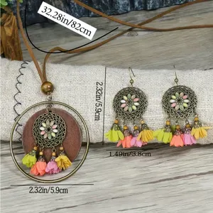 Boho Zinc Alloy Wood Retro Flower Design Tribal‎ Necklace & Earrings Set thumbnail 3