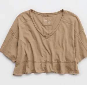 Aerie women’s happiest crop top shirt light tan V-neck thumbnail 1