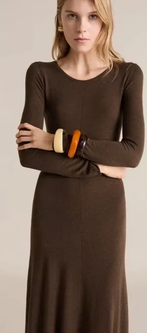 MANGO Asymmetrical Low-Knit‎ Dress Caramel Brown Long Sleeve Maxi XL thumbnail 1