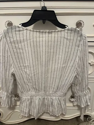 Abercrombie & Fitch White Blouse with Navy Pinstripes and Peplum Hem thumbnail 3