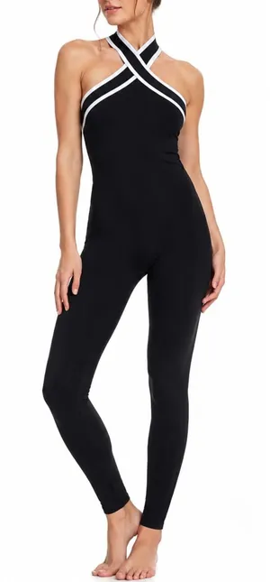 Women's Black Crisscross Halter Jumpsuit Size S White Trim Workout Unitard NWT thumbnail 1